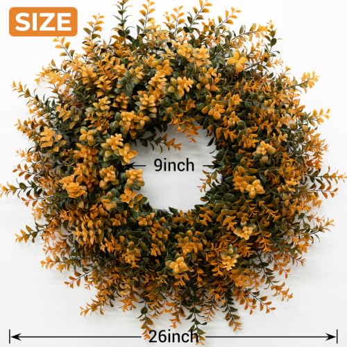 26 Inch Fall Wreath for Front Door with Orange and Green Boxwood - Outdoor Decor