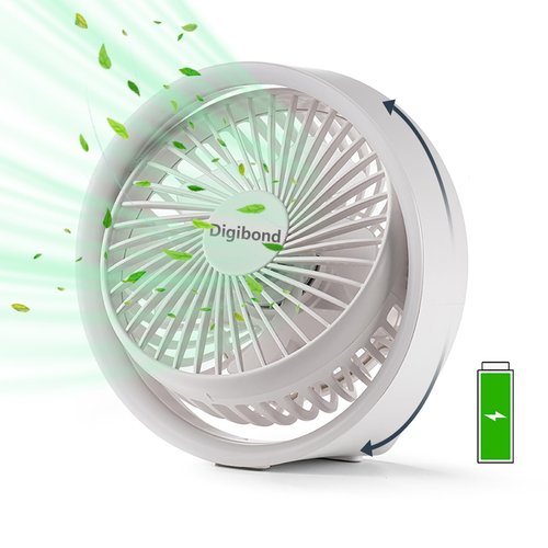 Digibond Small Desk Fan, Ultra Quite USB Fan Portable 3000mAh Rechargeable Battery Operate, High Power 3 Speed 5.3in With Ambient Light/Hook 180°Rotated Easy Clean (White)