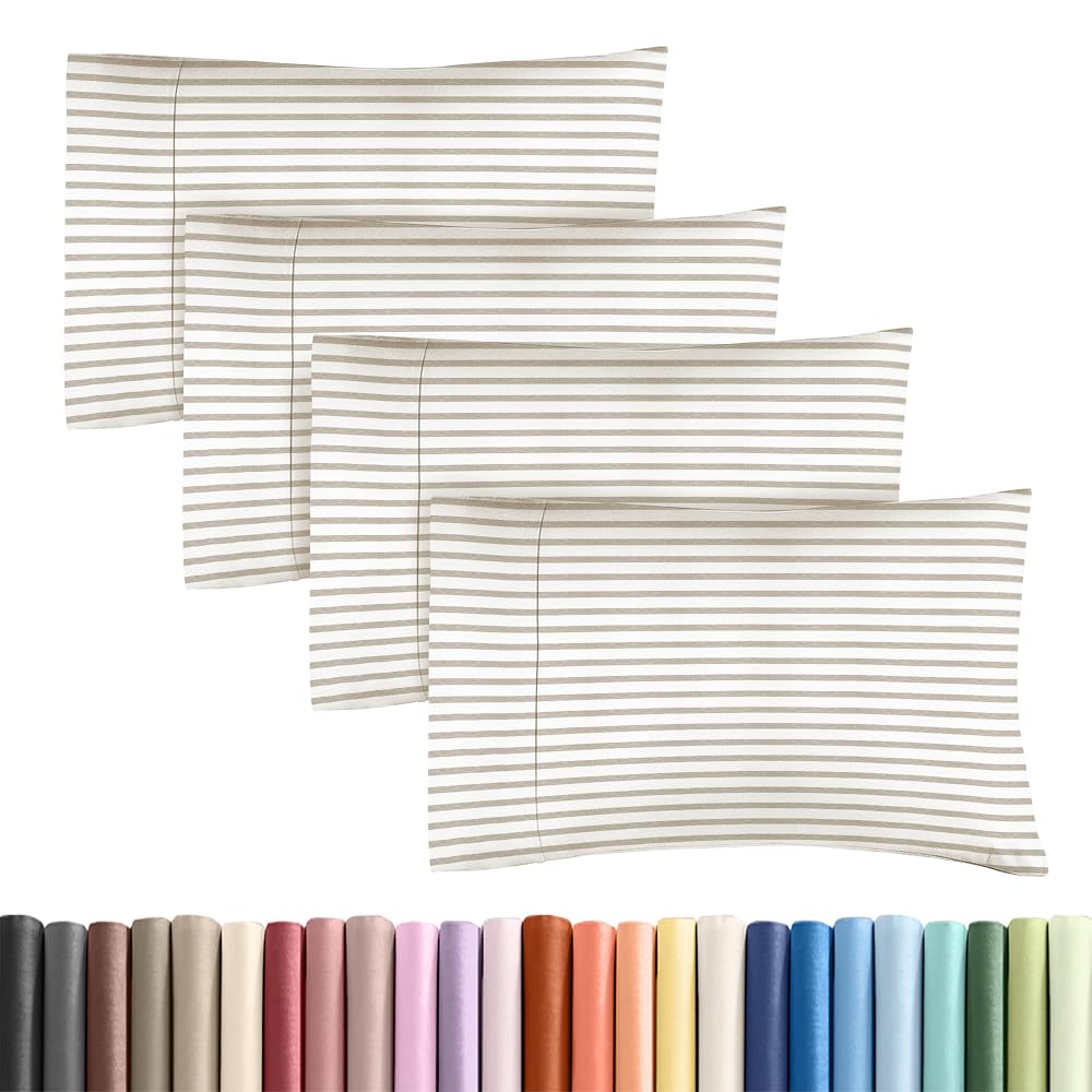 Standard Pillow Cases Set of 4 - Soft Hotel Quality Pillowcase Covers - Comfy, Cozy Bedding for Women, Men, Kids & Teens - Machine Washable Pillow Protectors - 4 Piece - Standard Size Beige Stripes