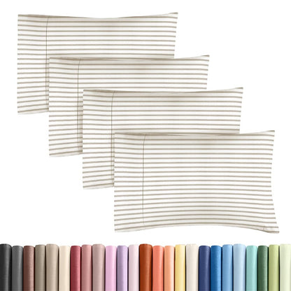 Standard Pillow Cases Set of 4 - Soft Hotel Quality Pillowcase Covers - Comfy, Cozy Bedding for Women, Men, Kids & Teens - Machine Washable Pillow Protectors - 4 Piece - Standard Size Beige Stripes