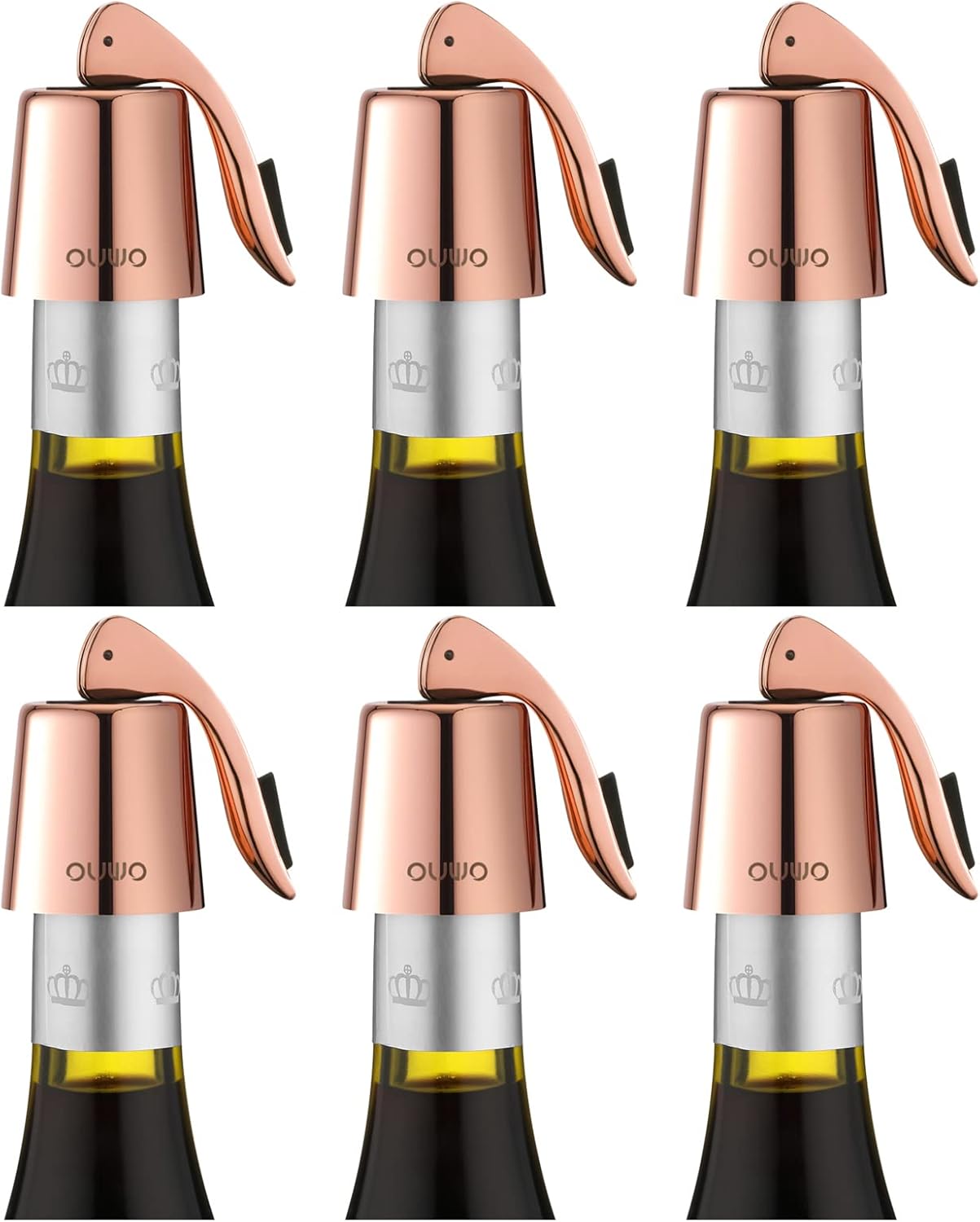 Stainless Steel Wine Bottle Stoppers - Plug with Silicone Toppers - Reusable, Leak-Proof, Keeps Wine Fresh Accessories - RoseGold 6 Pack