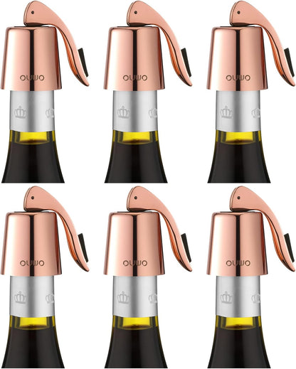 Stainless Steel Wine Bottle Stoppers - Plug with Silicone Toppers - Reusable, Leak-Proof, Keeps Wine Fresh Accessories - RoseGold 6 Pack