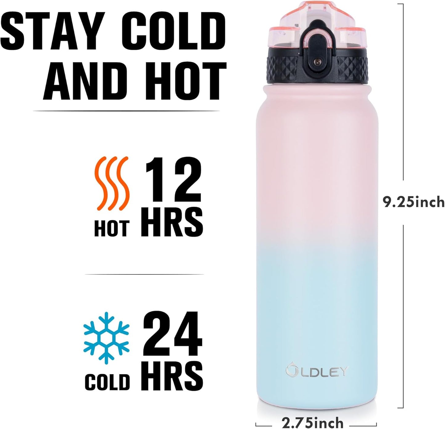 Oldley Insulated Water Bottle - 20oz Stainless Steel Bottle with 3 Lids & Straw | Double Wall Vacuum - Light Pink-Blue