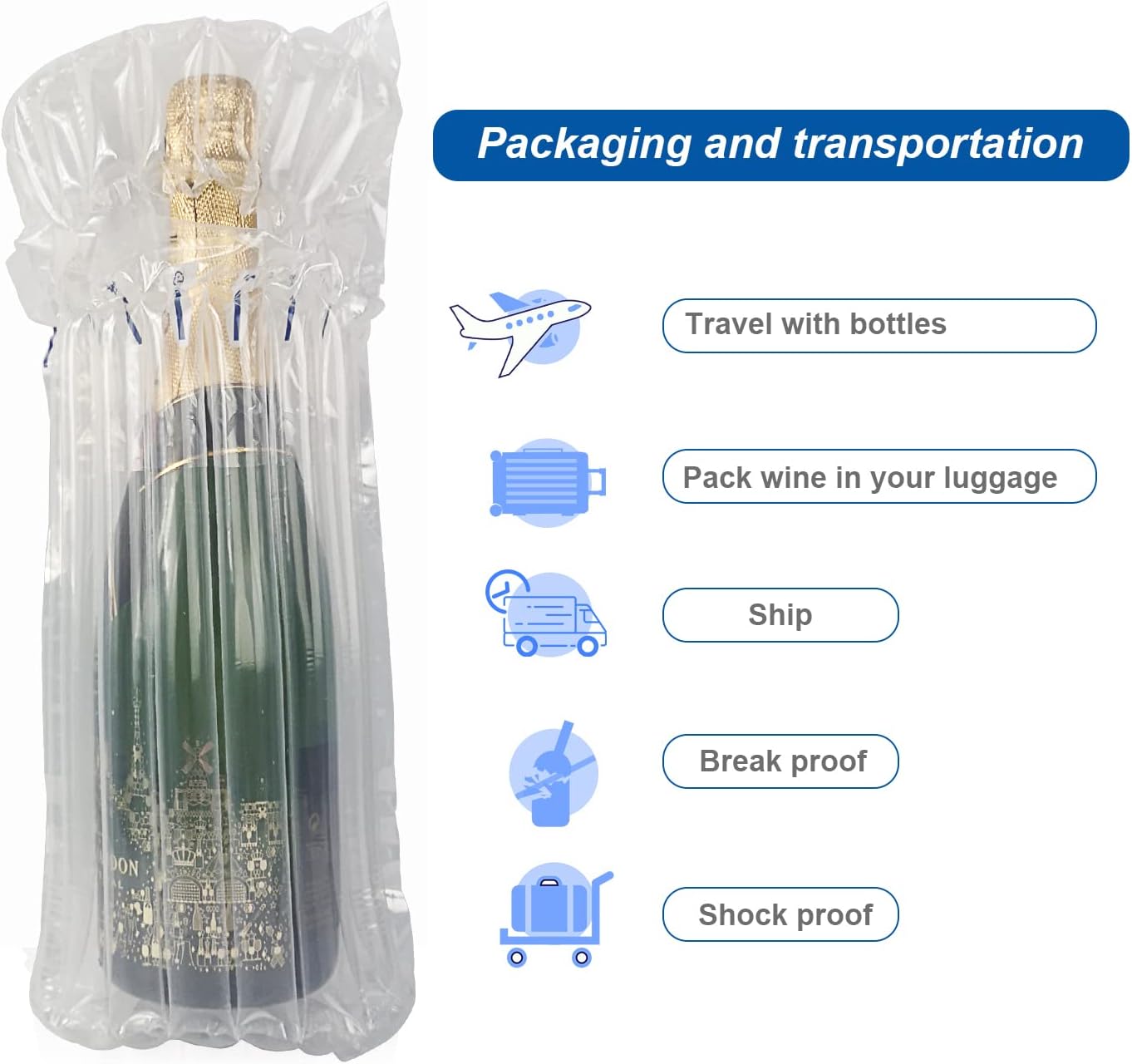 Wine Bottle Protector Bags Luggage for Airplane Travel 18 Pack Inflatable Liquor Bottle Shipper Wine Shipping Packaging Sleeve Bubble Cushion Wrap for Packing Alcohol Whiskey Beer Glass, 70μm