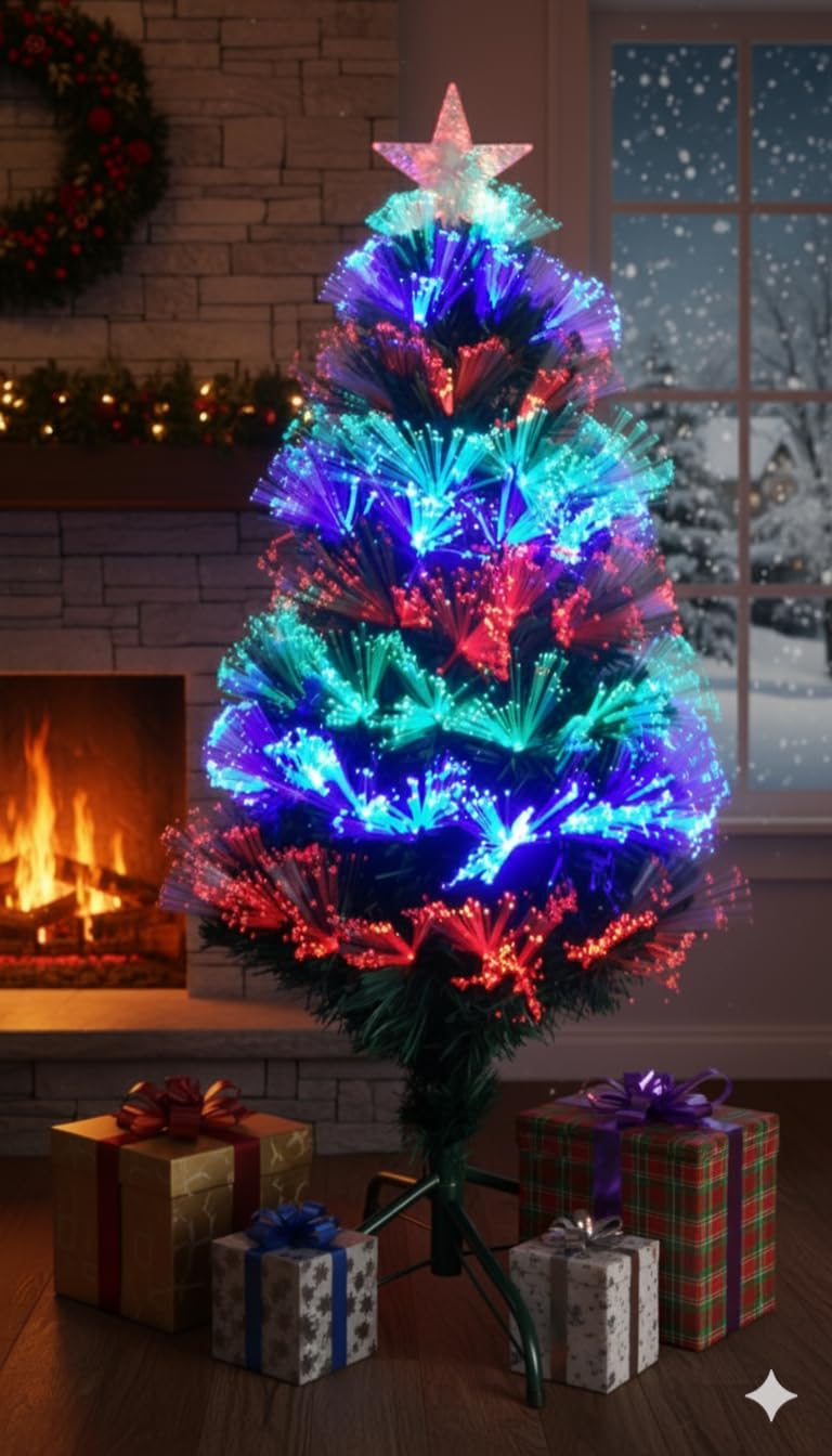 Tektrum 36in Color Changing Fiber Optic Christmas Tree with LED Star Top - Pre-Lit Circular Lights, Metal Stand (Variation: 3ft)