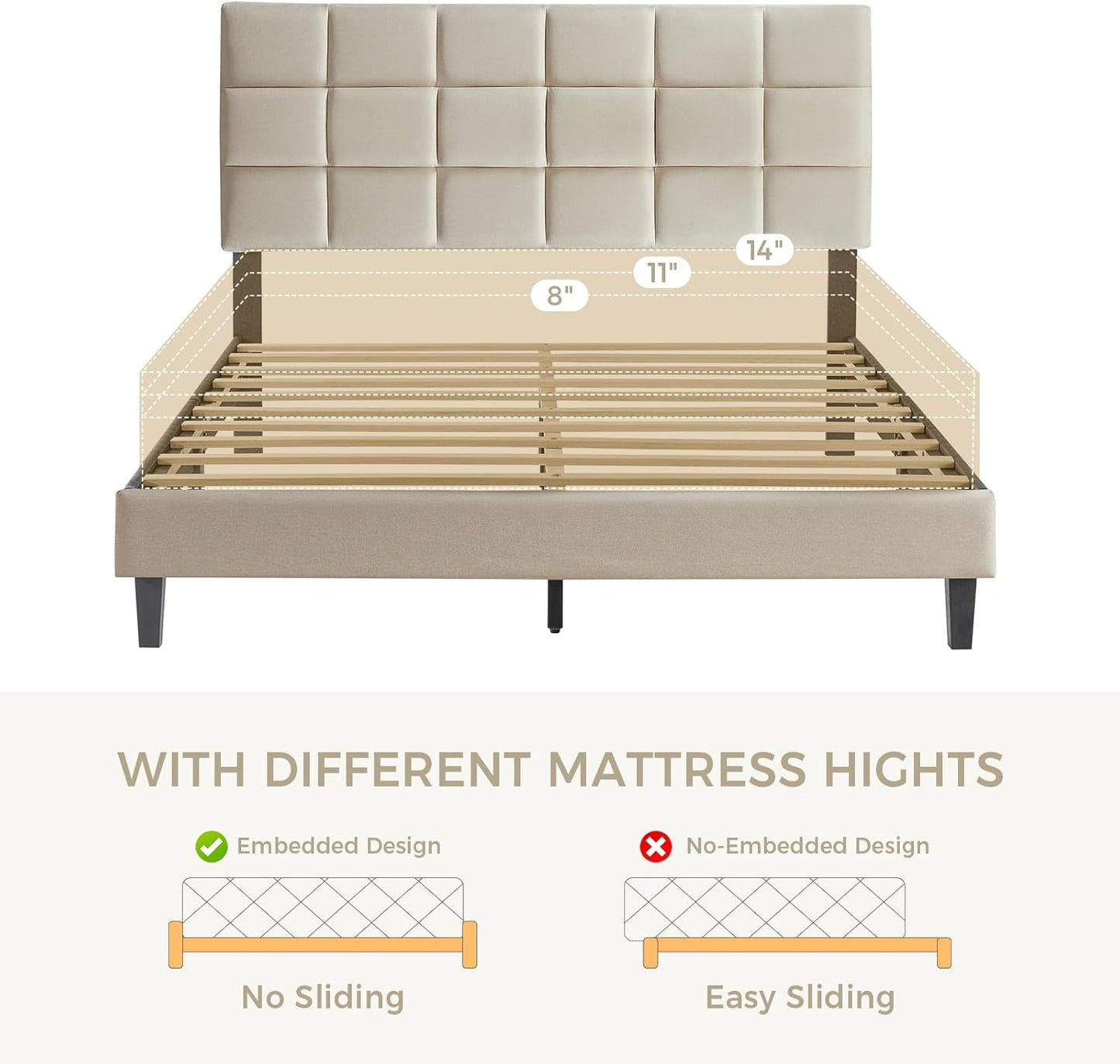 Susalt Queen Size Bed Frame - Upholstered Linen Headboard, No-Noise Design, Easy Assembly, 1000LBS Capacity | Beige