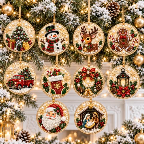 Christmas Pearl Diamond Art Kits - 10pcs Holiday Ornaments with Gems & Twine - Variation #J