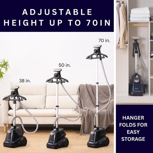 SALAV Commercial-Grade Standing Garment Steamer for Clothes with Auto-Off Safety 1800W Powerful Steam X-Large 3L Water Tank, 90-Min Continuous Use, Pedal-Control System, Beeps when Out of Water, Navy