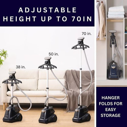 SALAV Commercial-Grade Standing Garment Steamer for Clothes with Auto-Off Safety 1800W Powerful Steam X-Large 3L Water Tank, 90-Min Continuous Use, Pedal-Control System, Beeps when Out of Water, Navy