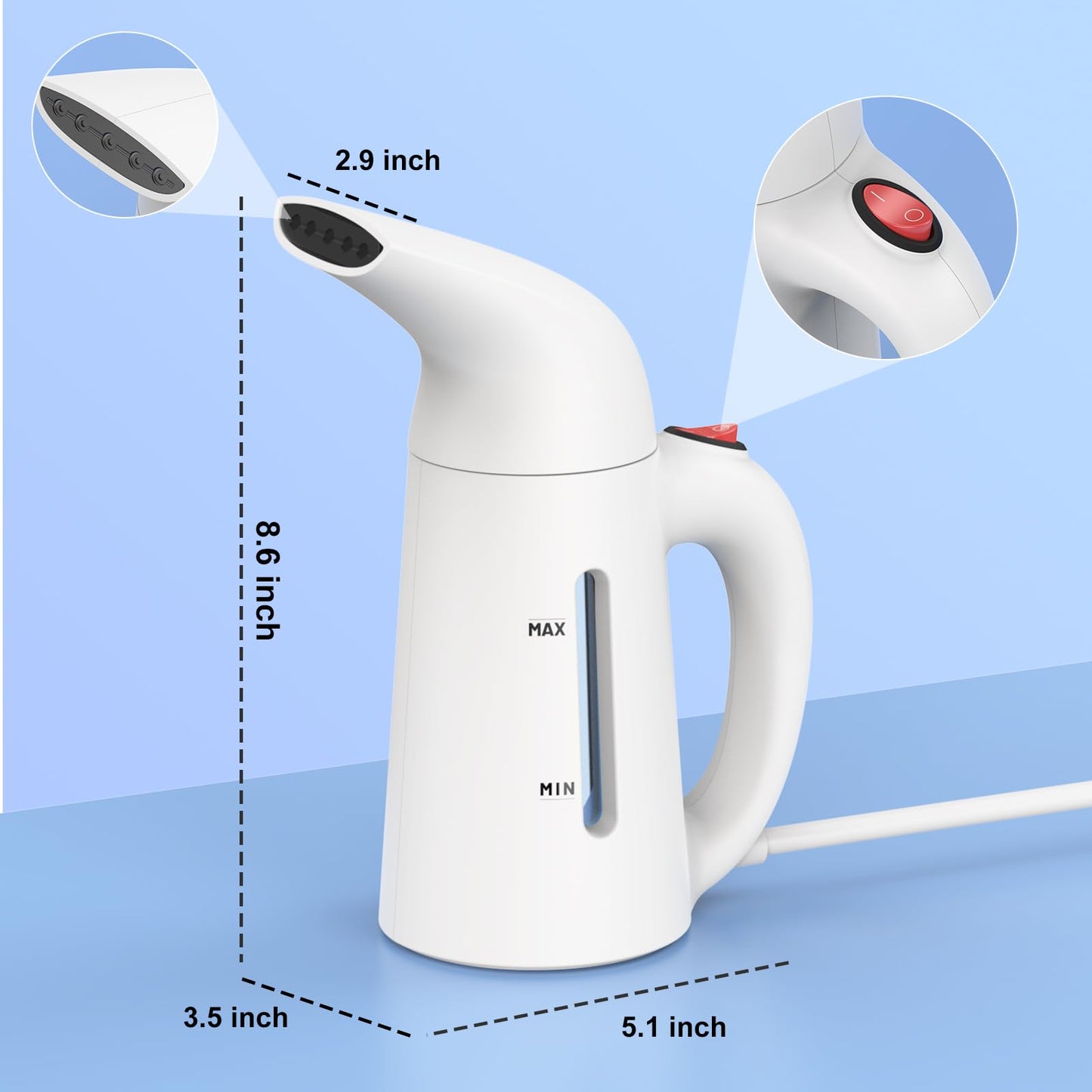 Steamer for Clothes Handheld,Portable Clothes Steamer Remove Wrinkle, 230ml Capacity Garment Steame Ideal for ALL Fabrics, 12 minutes Continuous Steam, One button Design, Easy to Use, mini (White)