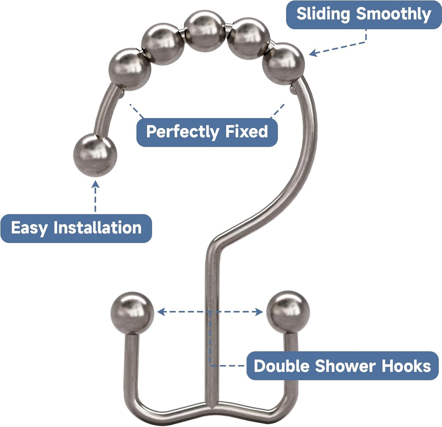 Titanker Shower Curtain Hooks - Rust Resistant Metal Double Glide Design | Set of 12 Nickel Hooks