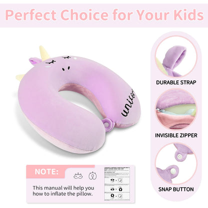 urnexttour Neck Travel Pillow for Kids, Unicorn Airplane Memory Foam Pillow with Cute Sleep Mask & Earplugs, Lightweight Travelling Sleeping Pillow Set for Car, Train, Bus and Home Use (Purple)