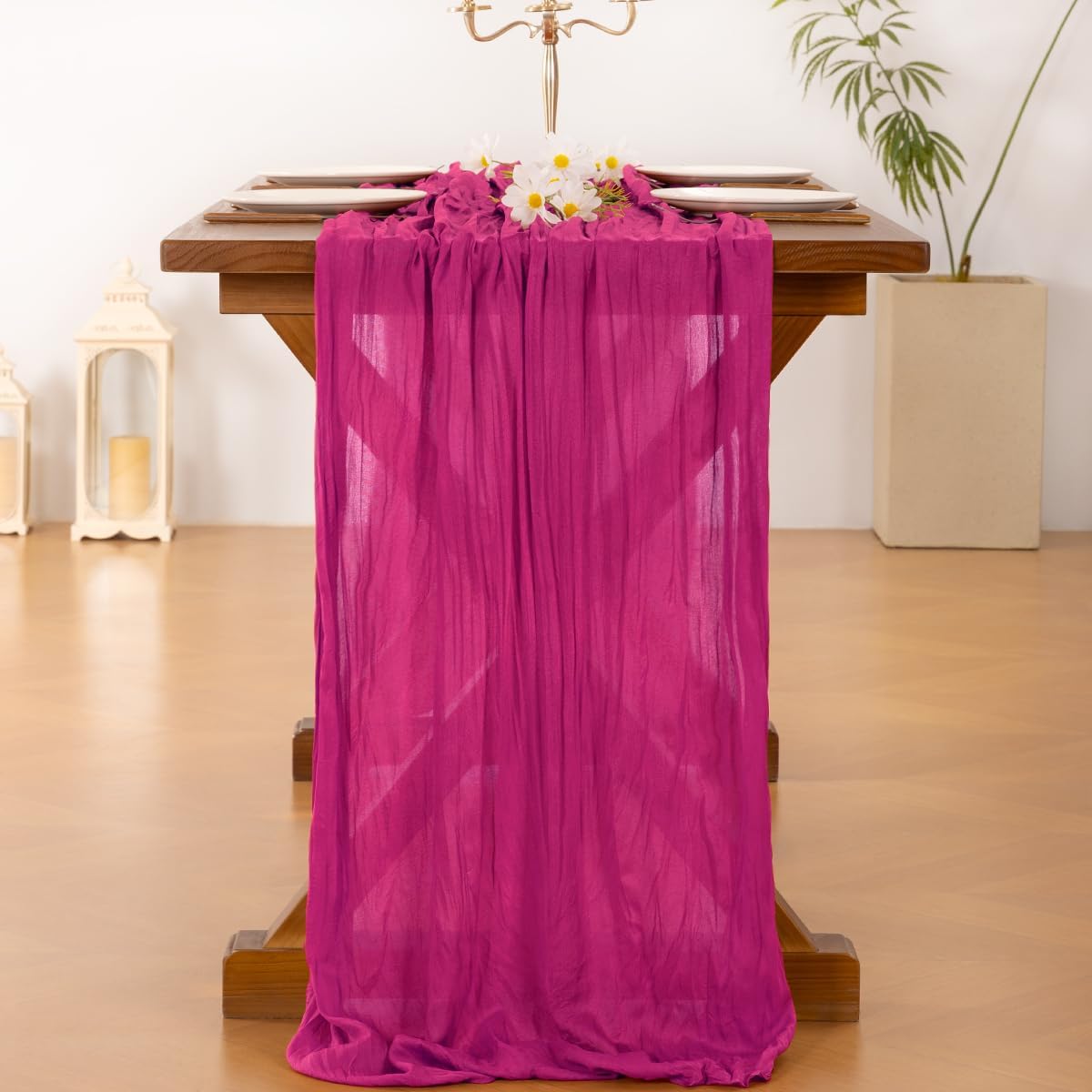 Socomi Hot Pink Cheesecloth Table Runner - 120 Inch Fuchsia Boho Rustic Decor for Weddings & Parties