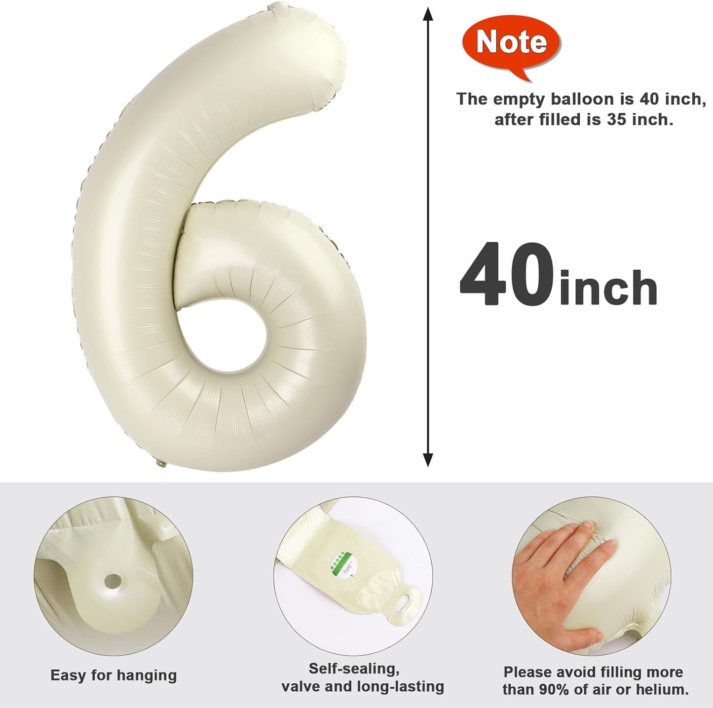 Number 6 Balloon - 40 Inch Cream White Birthday Decoration for Boys & Girls | Perfect for 6th Birthday Celebrations