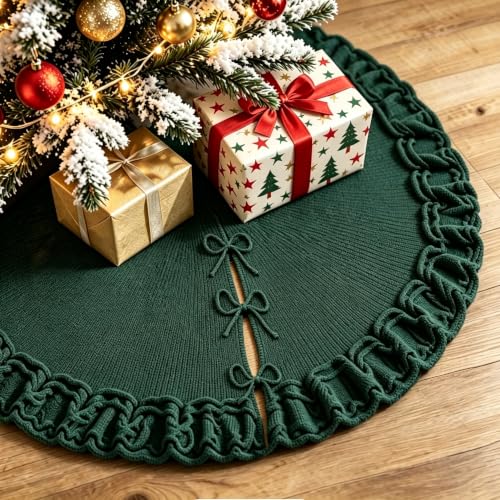 48 Inch Green Knitted Christmas Tree Skirt with Ruffled Edges - Holiday Decor