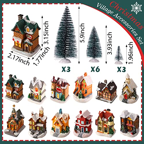 Christmas Houses Village and Mini Trees LED Light Set - 24 Pcs Holiday Decor
