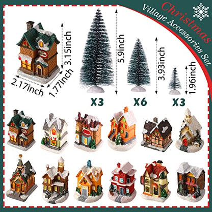 Christmas Houses Village and Mini Trees LED Light Set - 24 Pcs Holiday Decor