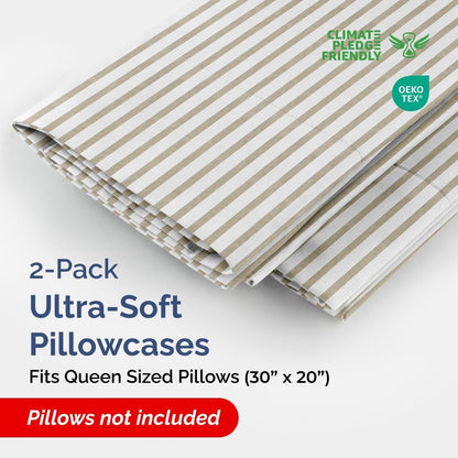 Skiennix Queen Pillow Cases Set of 2 - Ultra Soft Hotel Quality - Wrinkle Free & Fade Resistant - Beige Stripes