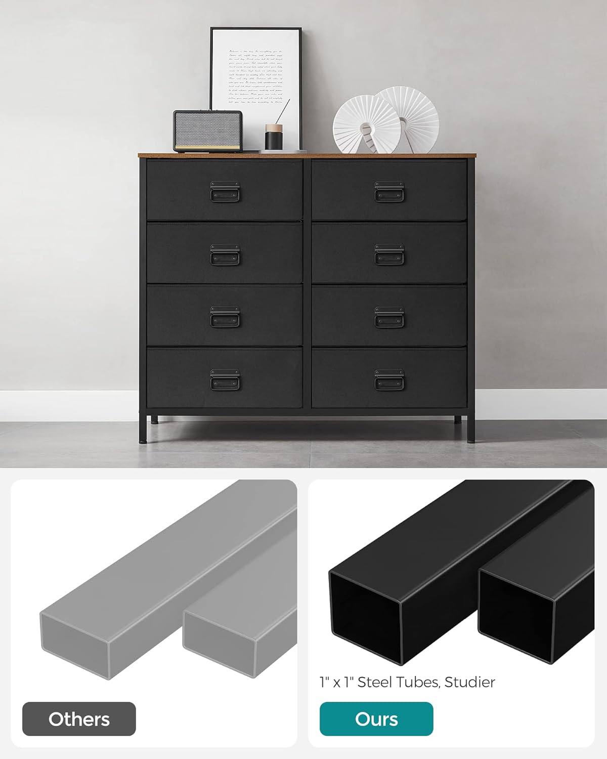 SONGMICS Fabric Dresser - 8 Drawer Storage Organizer Unit with Steel Frame | Rustic Brown & Black