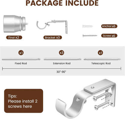Skiennix 1" Diameter Silver Curtain Rod - Heavy Duty Adjustable 30-90 Inch Length for 30-84 Inch Windows