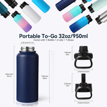 Neihepal 32 oz Insulated Water Bottle - 18/8 Stainless Steel with Straw & Spout Lids | Navy, 1 Pack