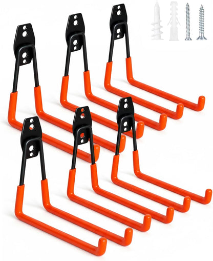 WMK Heavy Duty Garage Hooks - 7.3'' Wall Mount Storage Solution for Tools, Bikes & Ladders | 6 Pack (Orange)