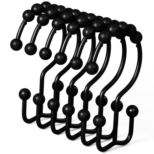 DAWNER Shower Curtain Hooks Rings, Rust Proof Hooks, Metal Easy Glide Double Shower Rings Hooks, Stainless Steel Shower Curtain Hangers for Bathroom Shower Curtains, Set of 12 Hooks, Matte Black