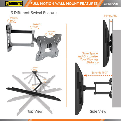 ProMounts Articulating/Full Motion Heavy Duty TV Wall Mount Bracket for 26-45 Inch LED, LCD Plasma Flat and Curved TV Screens, Holds Up to 77 lbs, Max VESA 200x200