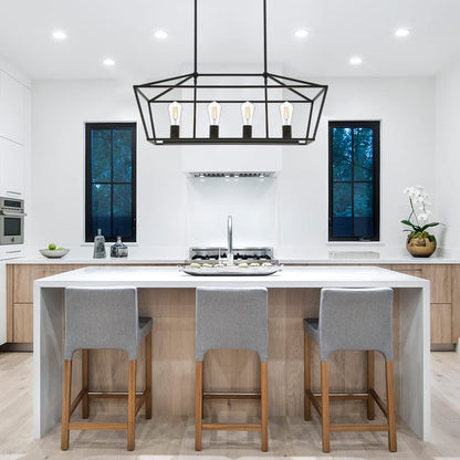 QueeuQ Black Farmhouse Kitchen Island Lighting, 4 Light Modern Linear Chandelier Industrial Dining Room Pendant Light Fixtures for Living Room Foyer Bar