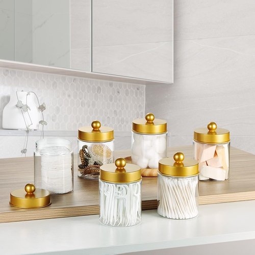 Amolliar Qtip Holder Dispenser - 8 Oz Plastic Apothecary Jar for Makeup & Bathroom Storage - Gold