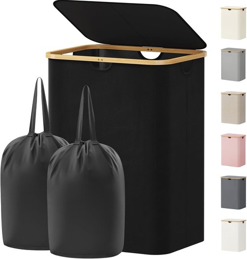 Lifewit 150L Laundry Basket - Foldable Hamper with Lid & Bamboo Handles | Black, 2 Removable Bags