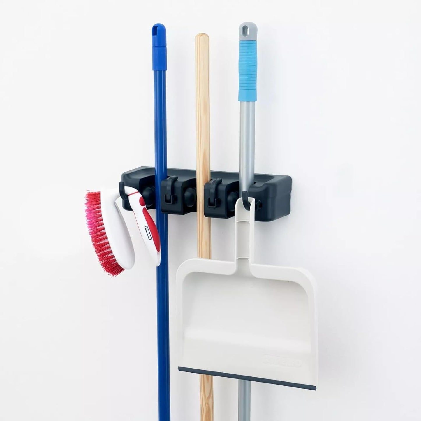 Wall-Mounted Broom and Mop Holder by [Brand Name] - 3 Slots & 4 Hooks Organizer for Home, Garage, and Garden
