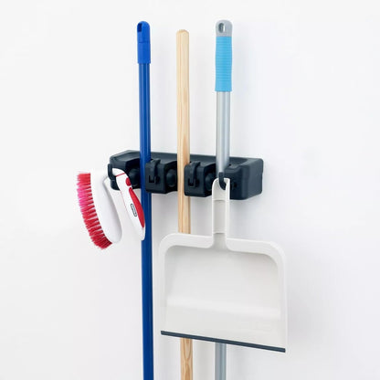 Wall-Mounted Broom and Mop Holder by [Brand Name] - 3 Slots & 4 Hooks Organizer for Home, Garage, and Garden