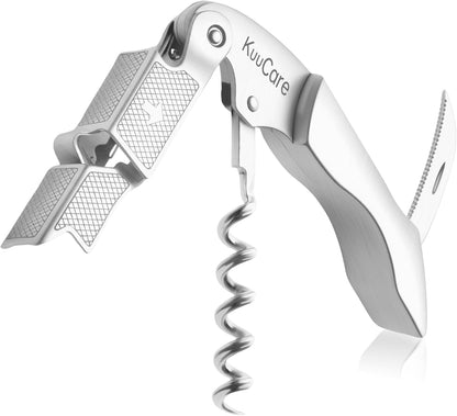 Wine Opener Waiter Corkscrew, Premium 420 Stainless Steel Wine Bottle Opener with Foil Cutter & Cap Remover, Double Hinged Manual Wine Key for Bartenders, Servers, Waiters and Home Use, Silver