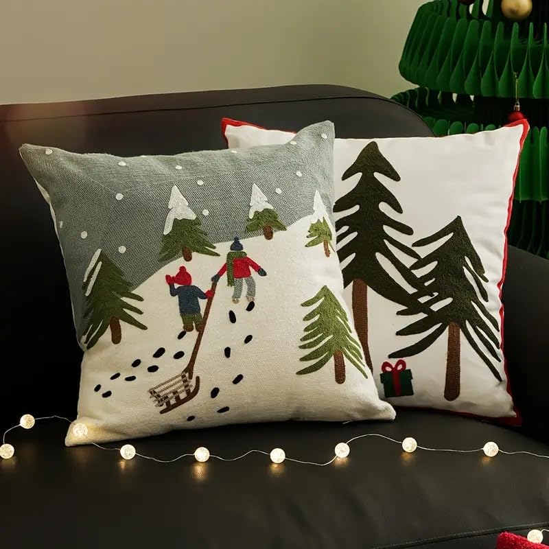 Christmas Embroidered Canvas Pillowcase - Snow Mountain Journey Holiday Decor