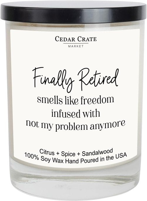 Cedar Crate Market - Retirement Gift for Woman, Men - Finally Retired Soy Wax Candle,Caribbean Retreat Scented, 60 Hours Burn, Eco-Friendly Glass Jar, Farewell Presents for Coworkers - Made in USA