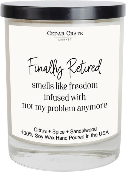 Cedar Crate Market - Retirement Gift for Woman, Men - Finally Retired Soy Wax Candle,Caribbean Retreat Scented, 60 Hours Burn, Eco-Friendly Glass Jar, Farewell Presents for Coworkers - Made in USA