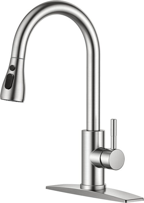 FORIOUS Kitchen Faucet - Brushed Nickel Pull Down Sprayer, High Arc Design for Farmhouse & RV Use