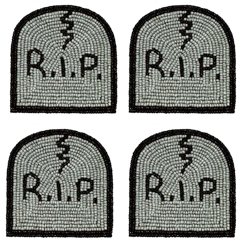 Halloween Beaded Coasters Set - Gravestone RIP Design, 4 Pack, Black & Grey