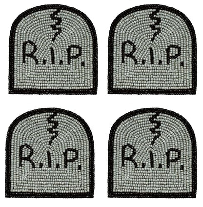Halloween Beaded Coasters Set - Gravestone RIP Design, 4 Pack, Black & Grey