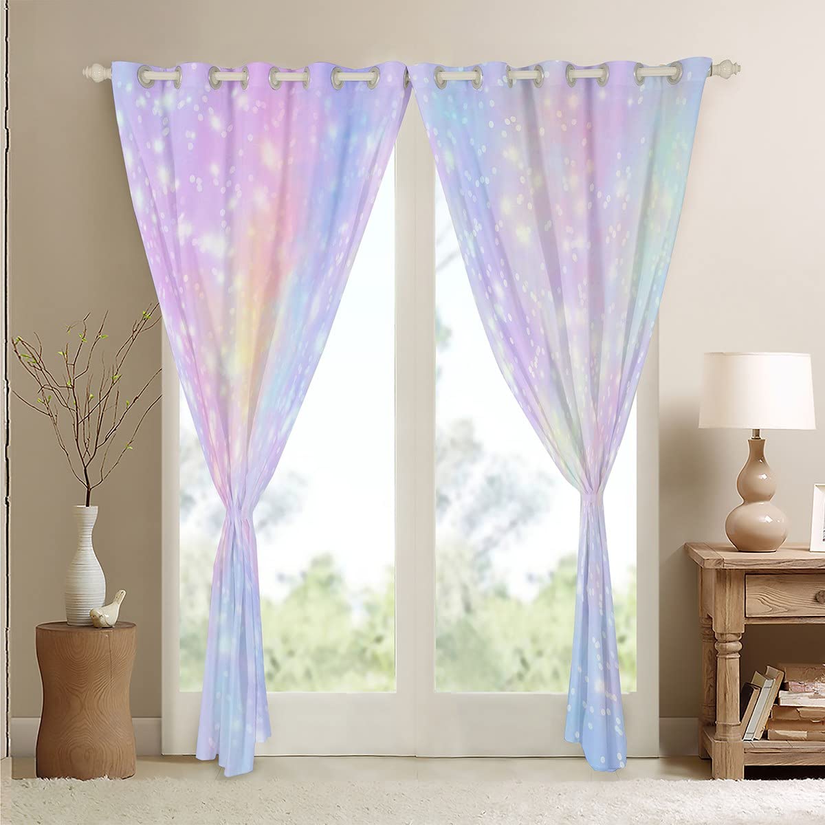 Girls Glitter Darkening Dreapes Kawaii Galaxy Pastel Kids Curtains for Bedroom Living Room Rainbow Comter Blackout Curtains Colorful Glitter Outer Space Window Treatments (2 Panels, 52 x 96 Inch)