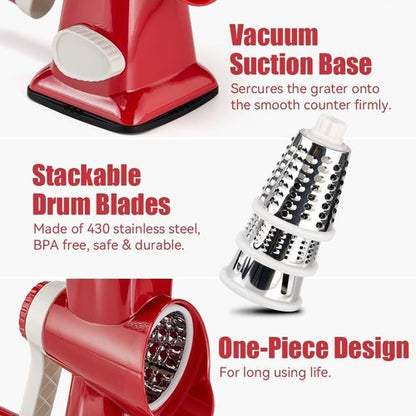 KEOUKE Rotary Cheese Grater - Hand Crank Shredder with 3 Stainless Steel Blades | Safe & Efficient Kitchen Tool