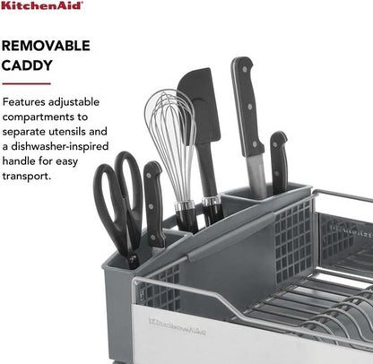 KitchenAid Large Capacity Dish Rack - Rust Resistant with Angled Drain Board & Removable Caddy | Light Grey