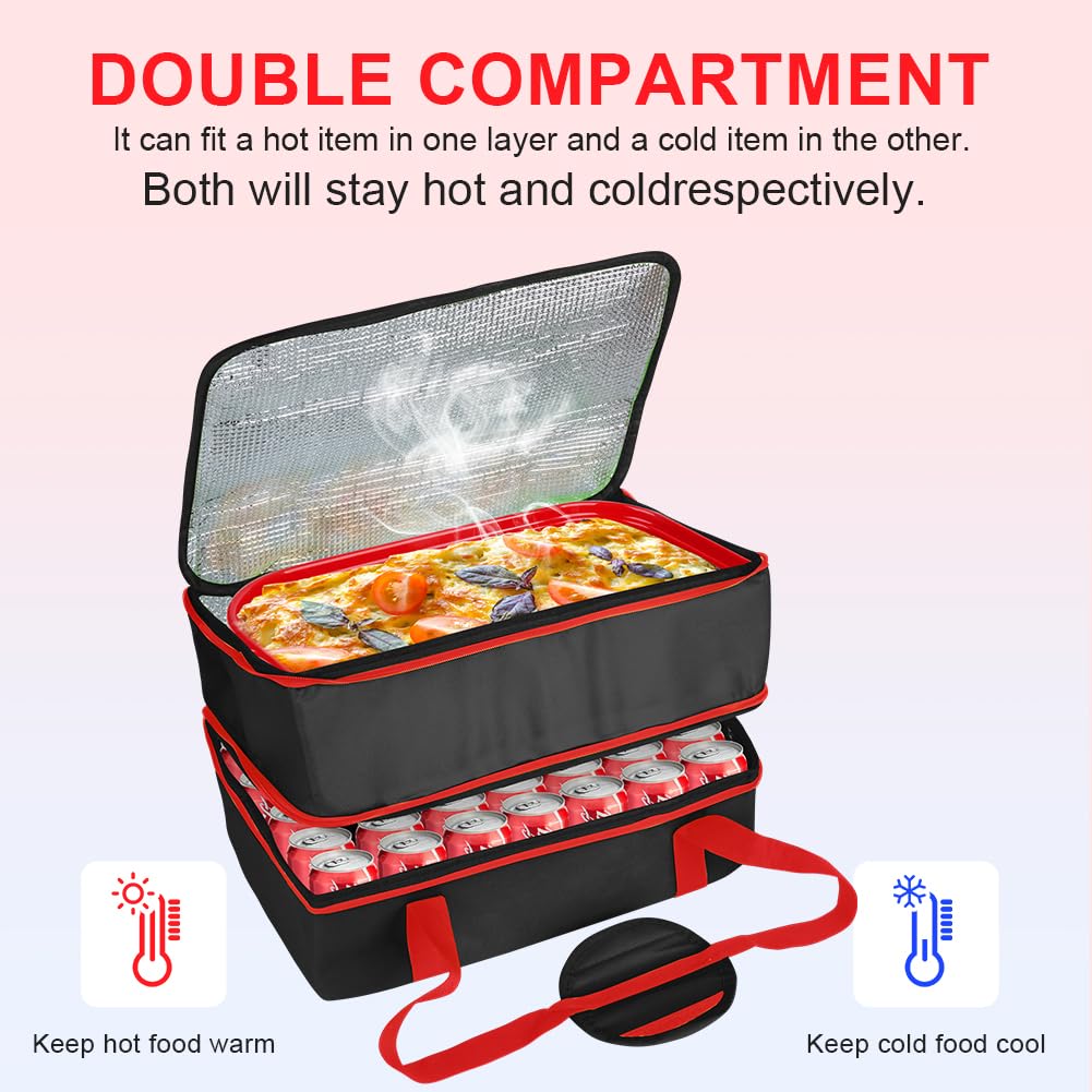 Bodaon 1Pk Insulated Casserole Carrier for Hot or Cold Food, Fits 9"x13" and 11"x15" Baking Dish with Lid, Insulated Food Carriers for Transport, Food Warmer Bags (Double Decker, Black-Red Edge)