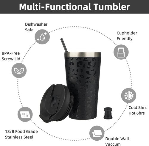 BJPKPK 18oz Insulated Tumbler - Stainless Steel Travel Coffee Mug with Lid & Straw | Black Leopard