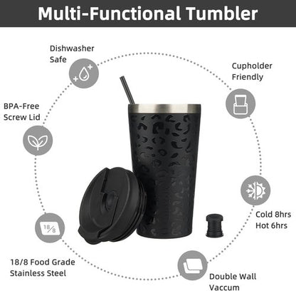 BJPKPK 18oz Insulated Tumbler - Stainless Steel Travel Coffee Mug with Lid & Straw | Black Leopard