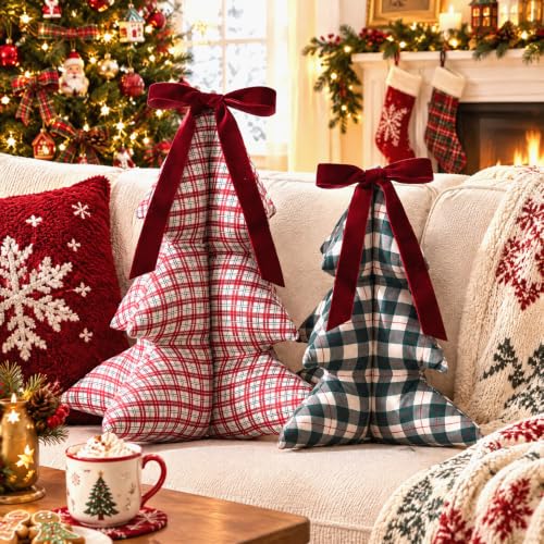 Pinkunn 2-Piece Christmas Tree Pillow Set with Velvet Bow - Red & Green Plaid