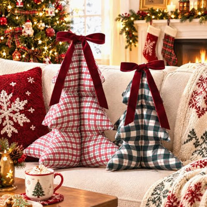 Pinkunn 2-Piece Christmas Tree Pillow Set with Velvet Bow - Red & Green Plaid