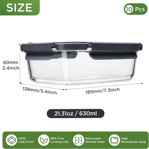 Glass Food Storage Containers - 10 Pack of 21oz | Airtight, Microwave Safe & BPA Free Meal Prep Set