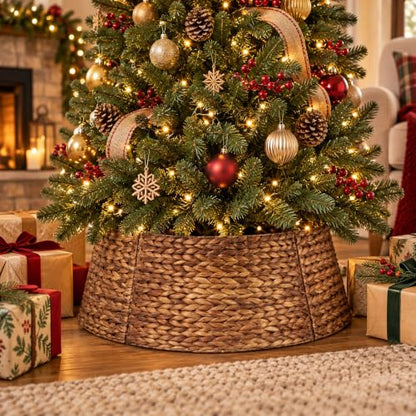 24 Inch Woven Water Hyacinth Wicker Christmas Tree Collar Basket with Cord Cutout